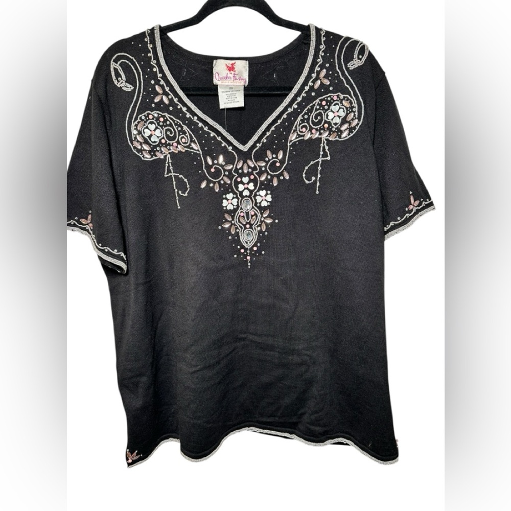 Quacker Factory Black Sequenced Flamingo Short Sleeve Sweater Size 2X NWT